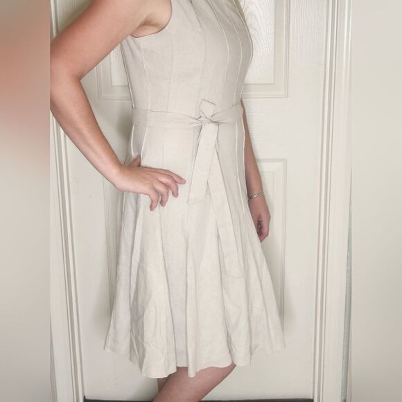 Sandra Darren 14 Cream LINEN Blend Lined Zipper Pleated Women Knee Length Dress - Picture 3 of 8